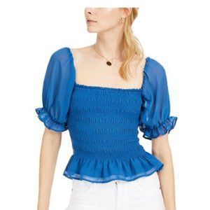 Leyden Smocked Puff-Sleeve Top in Blue